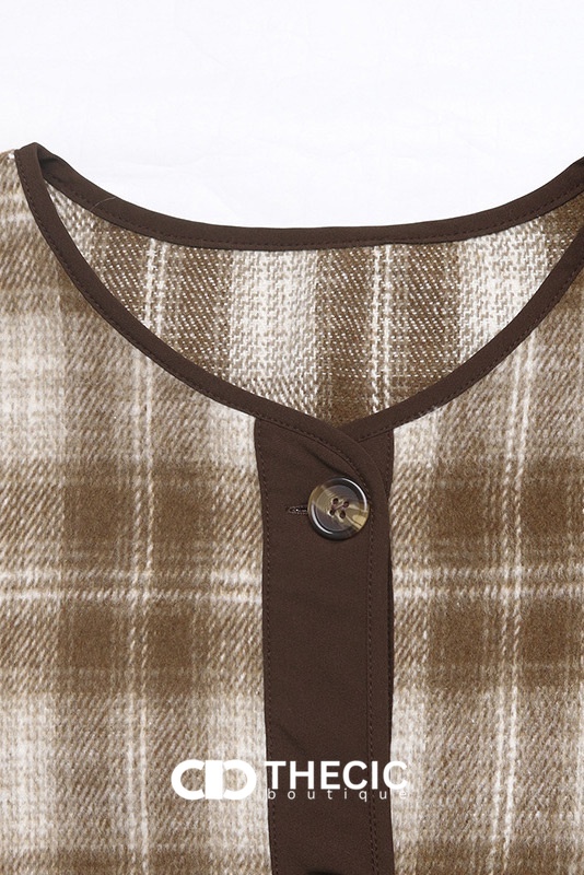 Plaid Round Neck Button-Front Trim Jacket