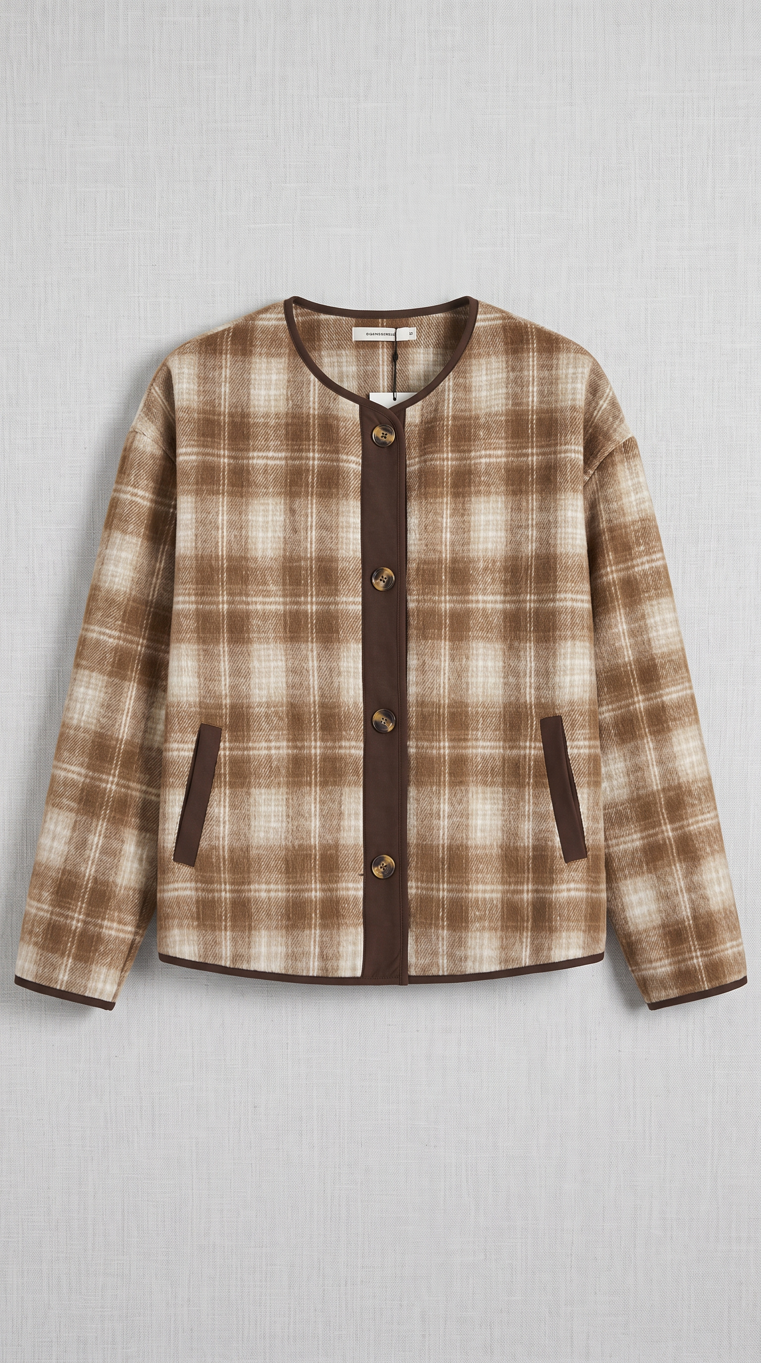 Plaid Round Neck Button-Front Trim Jacket