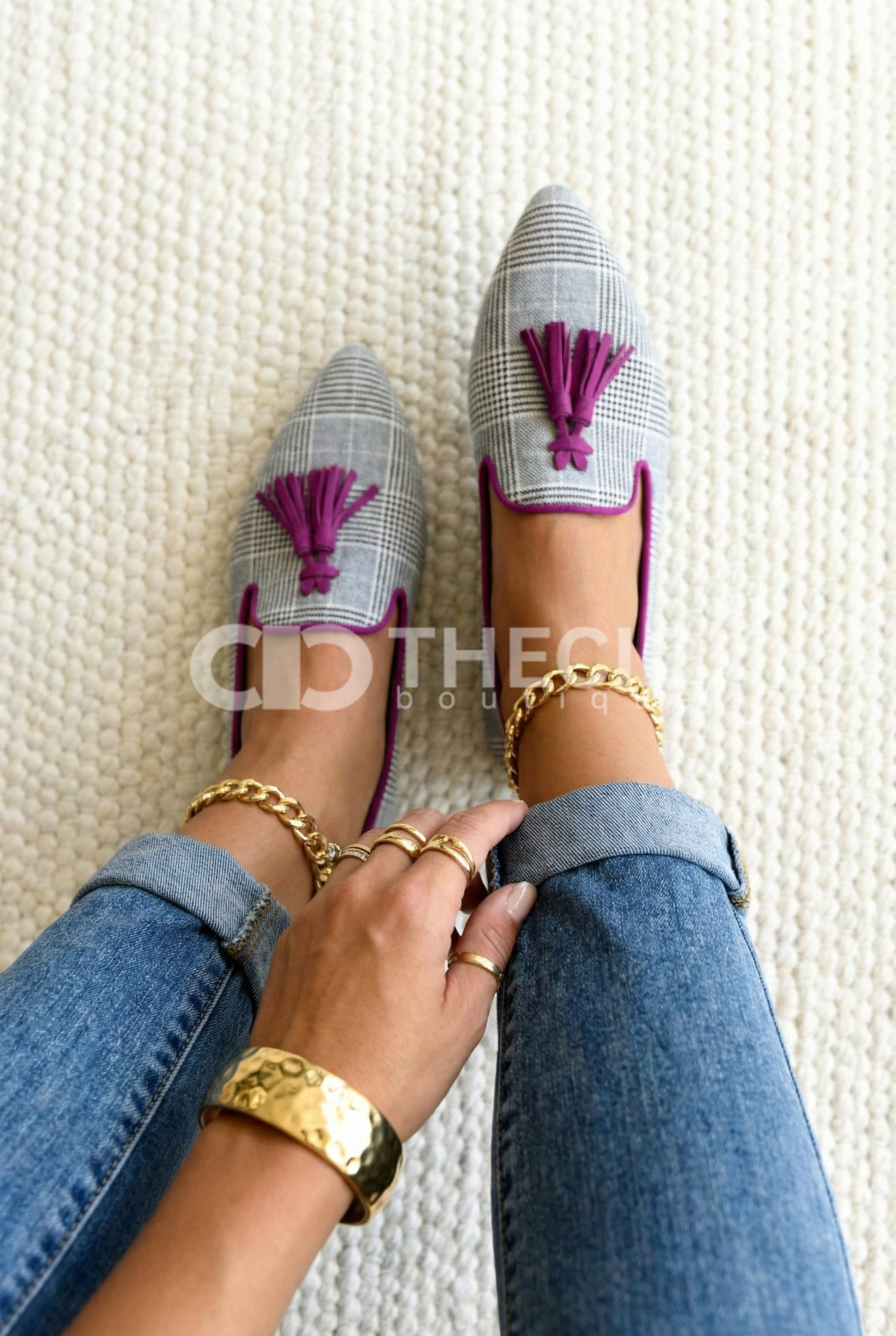 Plaid Tassel Pointed-Toe Slip-On Loafers