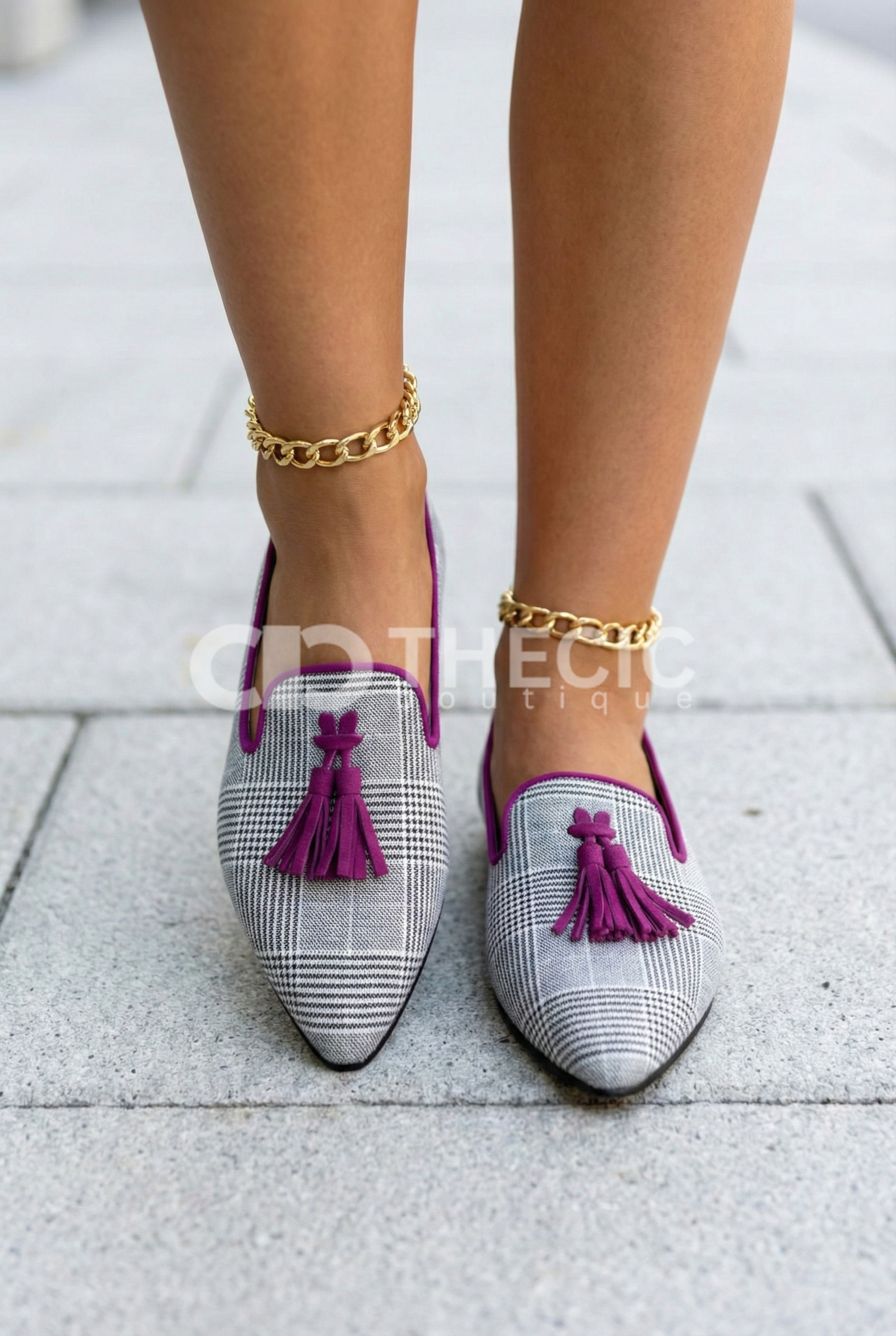 Plaid Tassel Pointed-Toe Slip-On Loafers