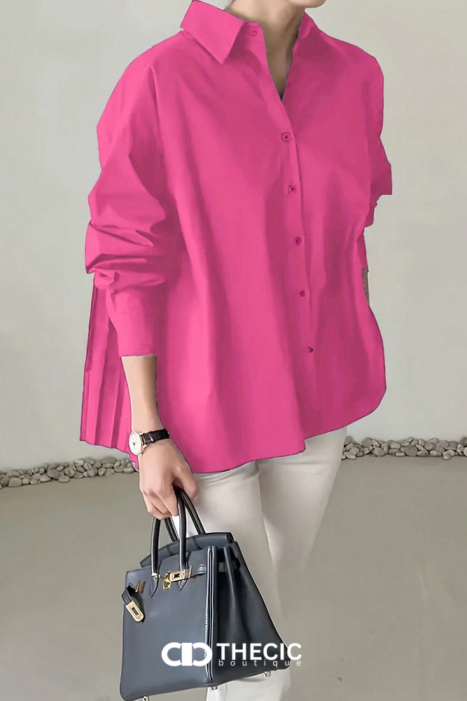 Pleated Back Button-Down Relaxed Fit Blouse