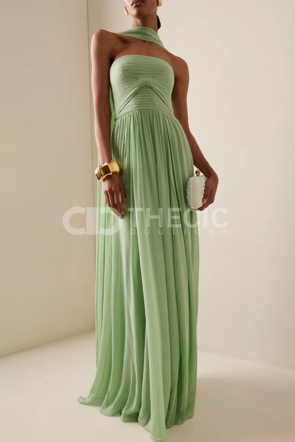 Pleated Bodice Draped Scarf Strapless Maxi Dress