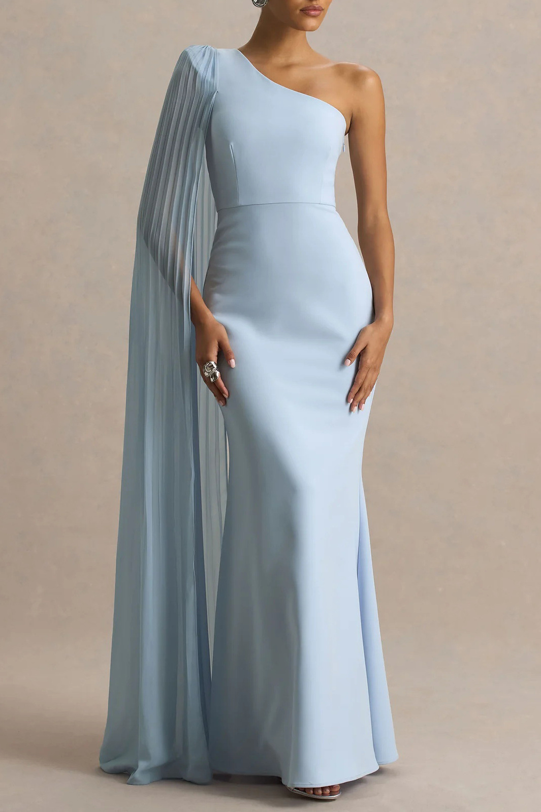 Pleated Cape One-Shoulder Column Gown