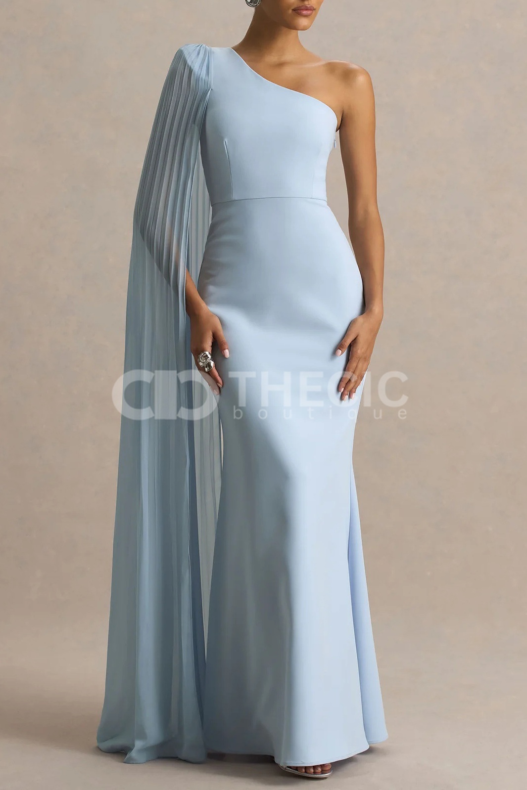 Pleated Cape One-Shoulder Column Gown