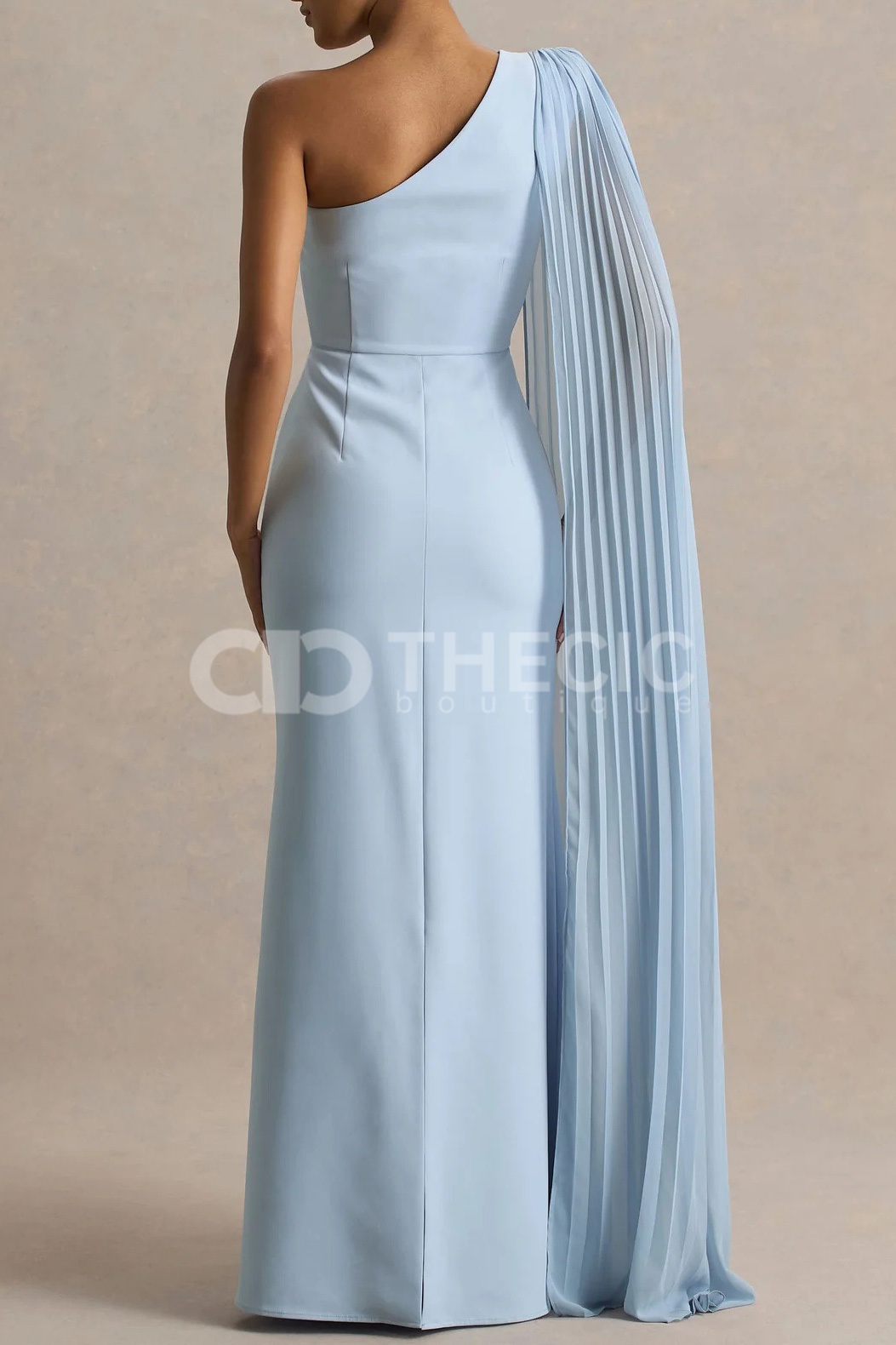 Pleated Cape One-Shoulder Column Gown