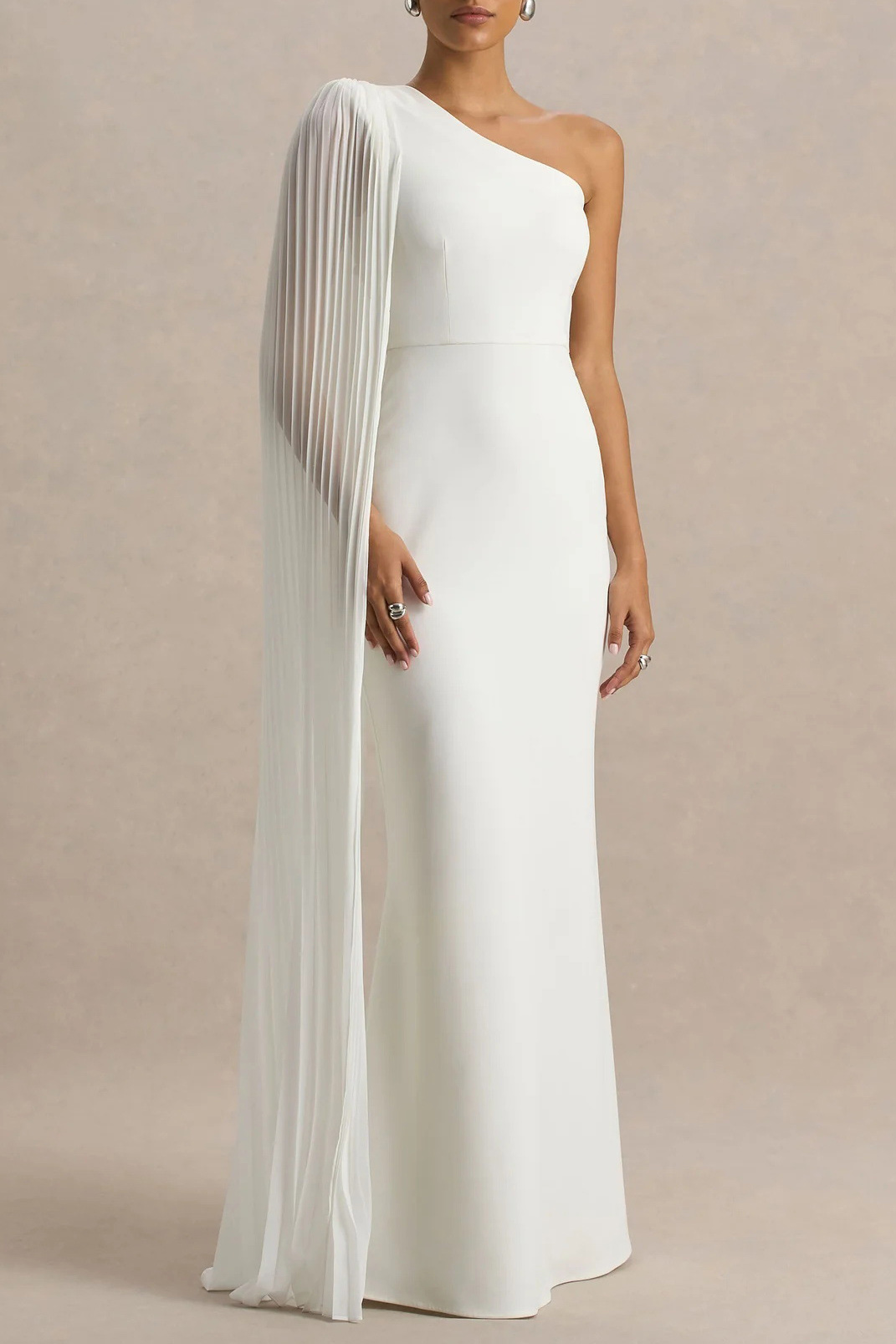 Pleated Cape One-Shoulder Column Gown