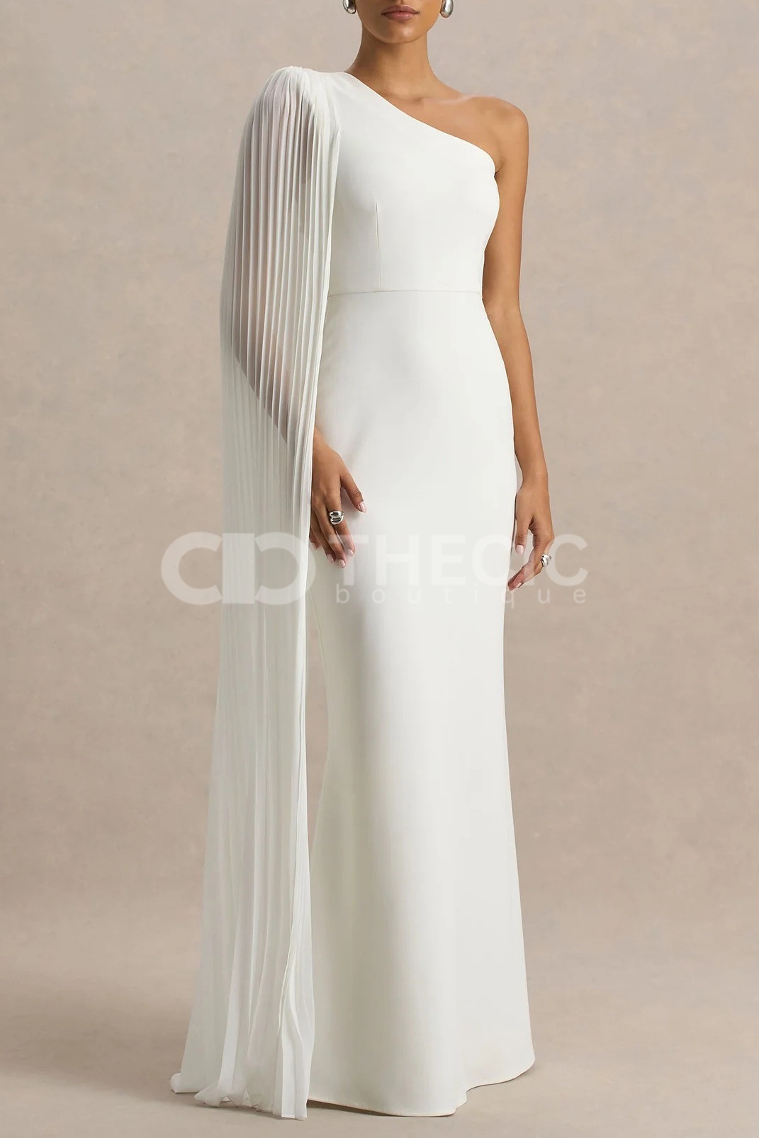 Pleated Cape One-Shoulder Column Gown