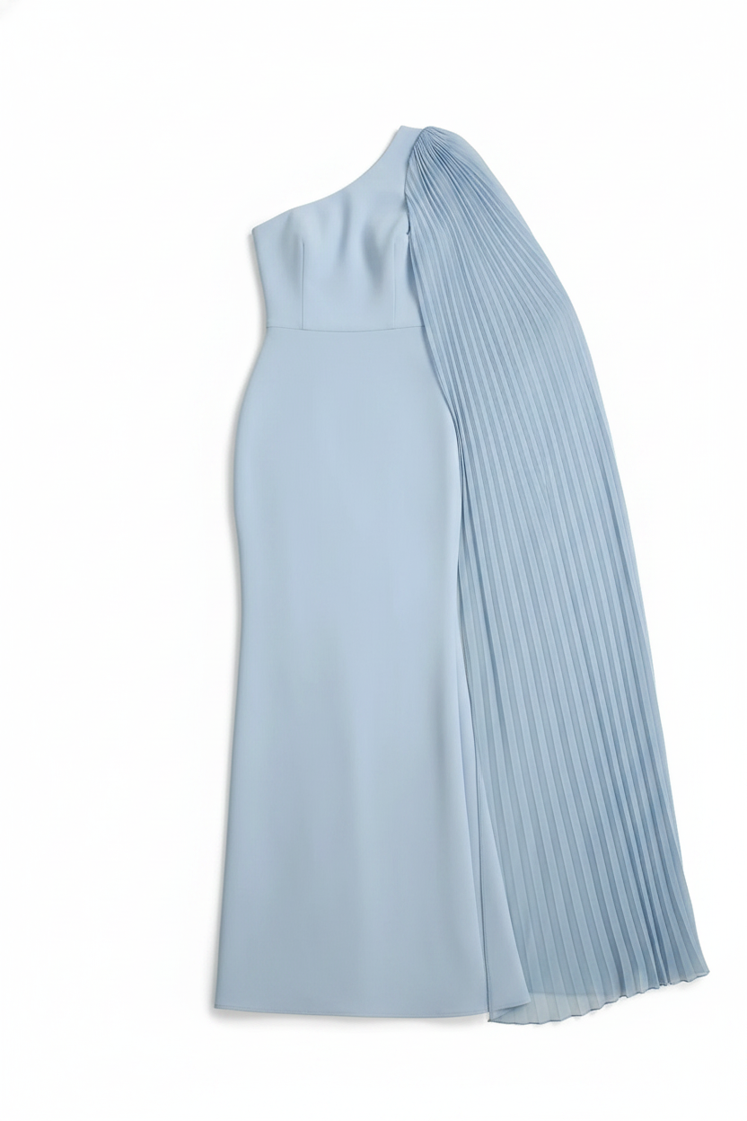 Pleated Cape One-Shoulder Column Gown