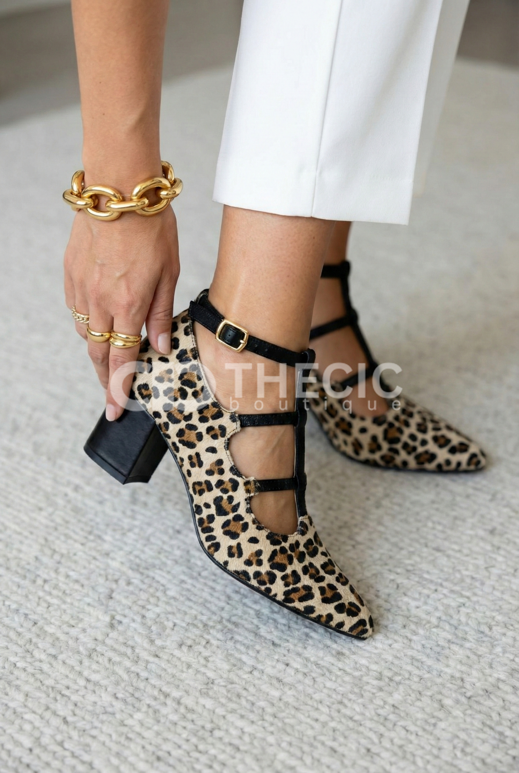 Pointed-Toe Block Heel T-Strap Mary Jane Pumps