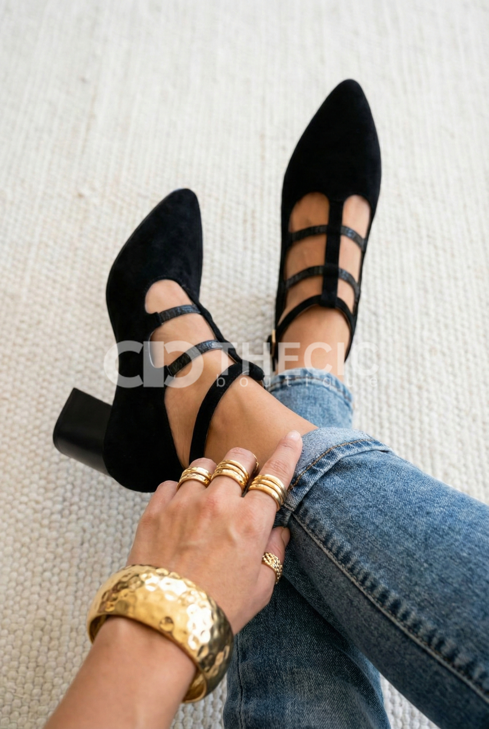 Pointed-Toe Block Heel T-Strap Mary Jane Pumps