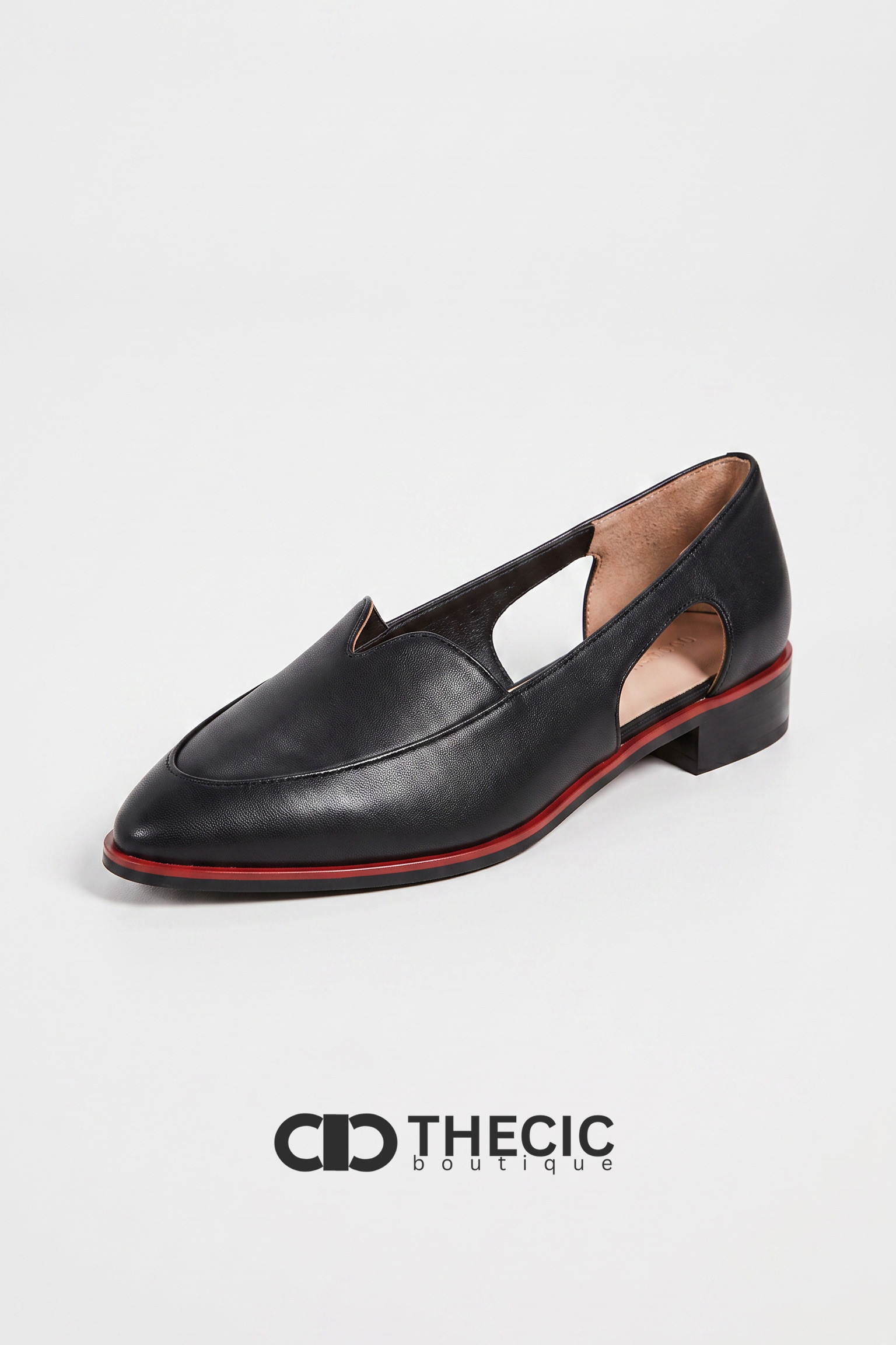 Pointed-Toe Cutout Loafer Flats with Red Trim