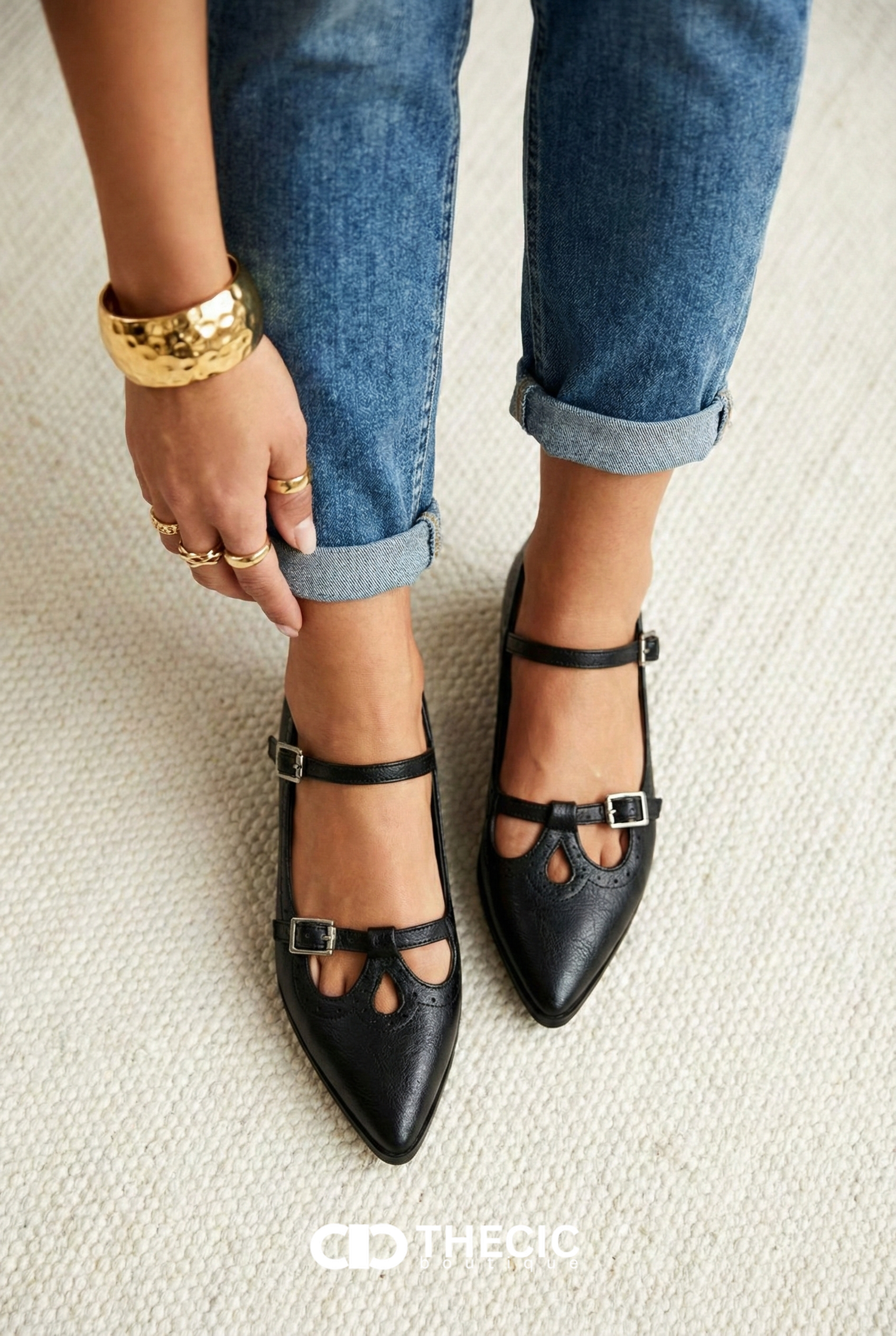 Pointed-Toe Double-Strap Cut-Out Mary Jane Flats