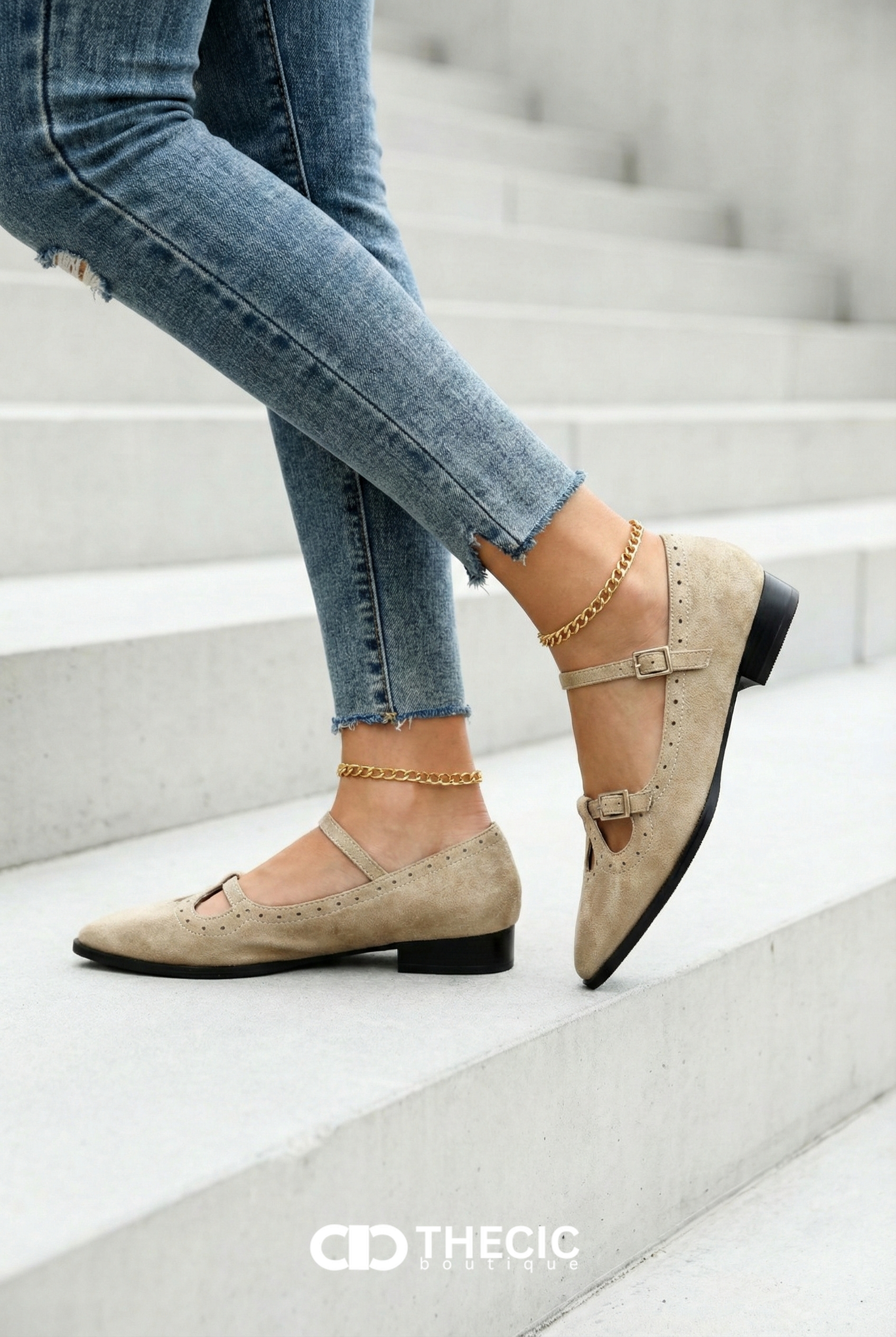 Pointed-Toe Double-Strap Cut-Out Mary Jane Flats