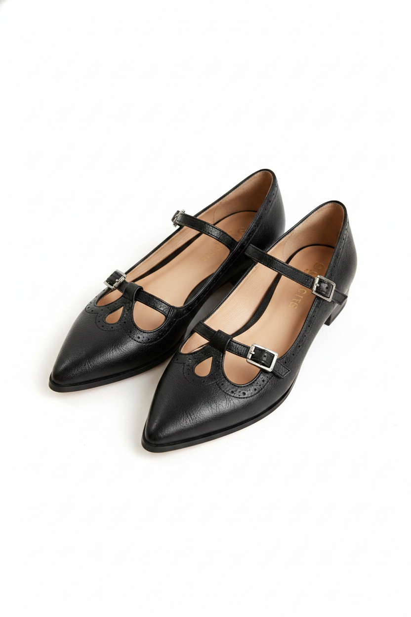 Pointed-Toe Double-Strap Cut-Out Mary Jane Flats