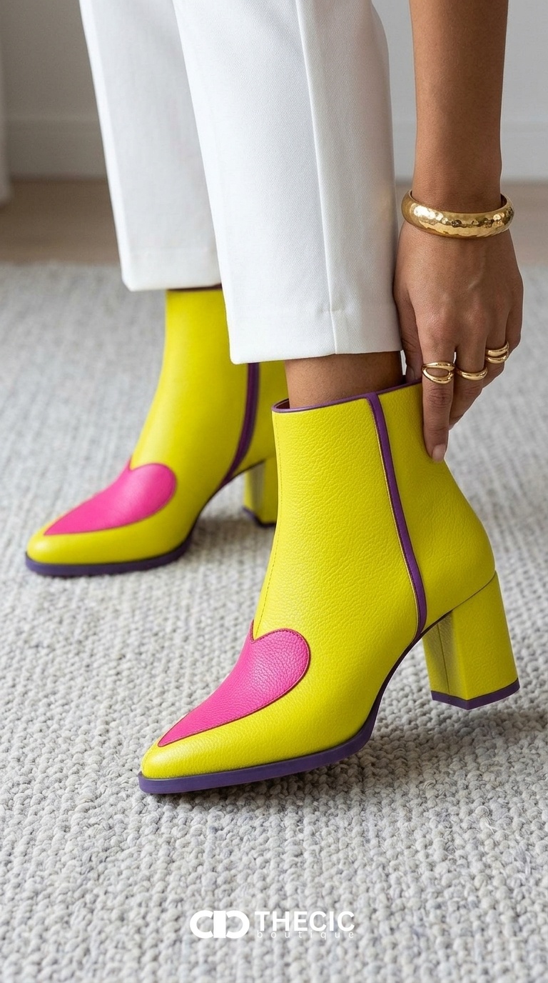 Pointed-Toe Heart Detail Block Heel Ankle Boots