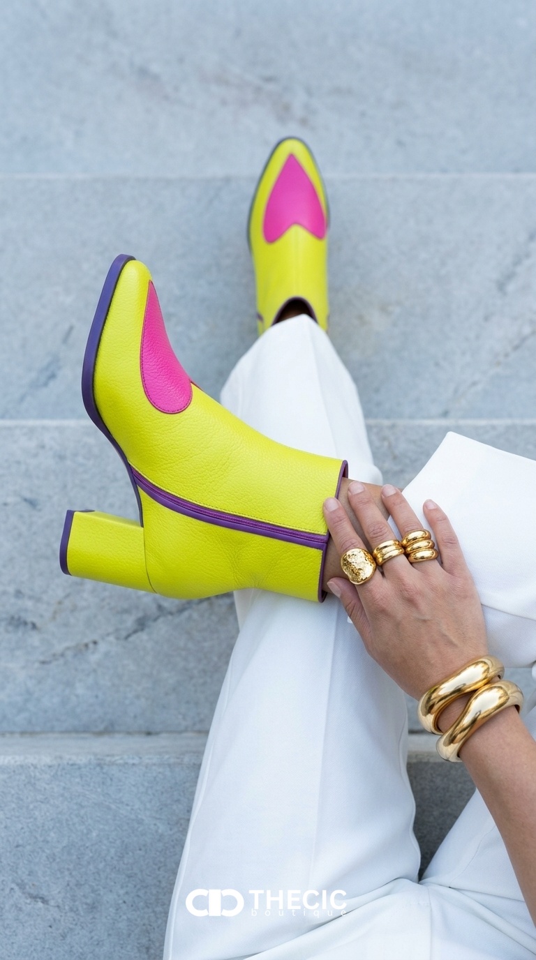 Pointed-Toe Heart Detail Block Heel Ankle Boots