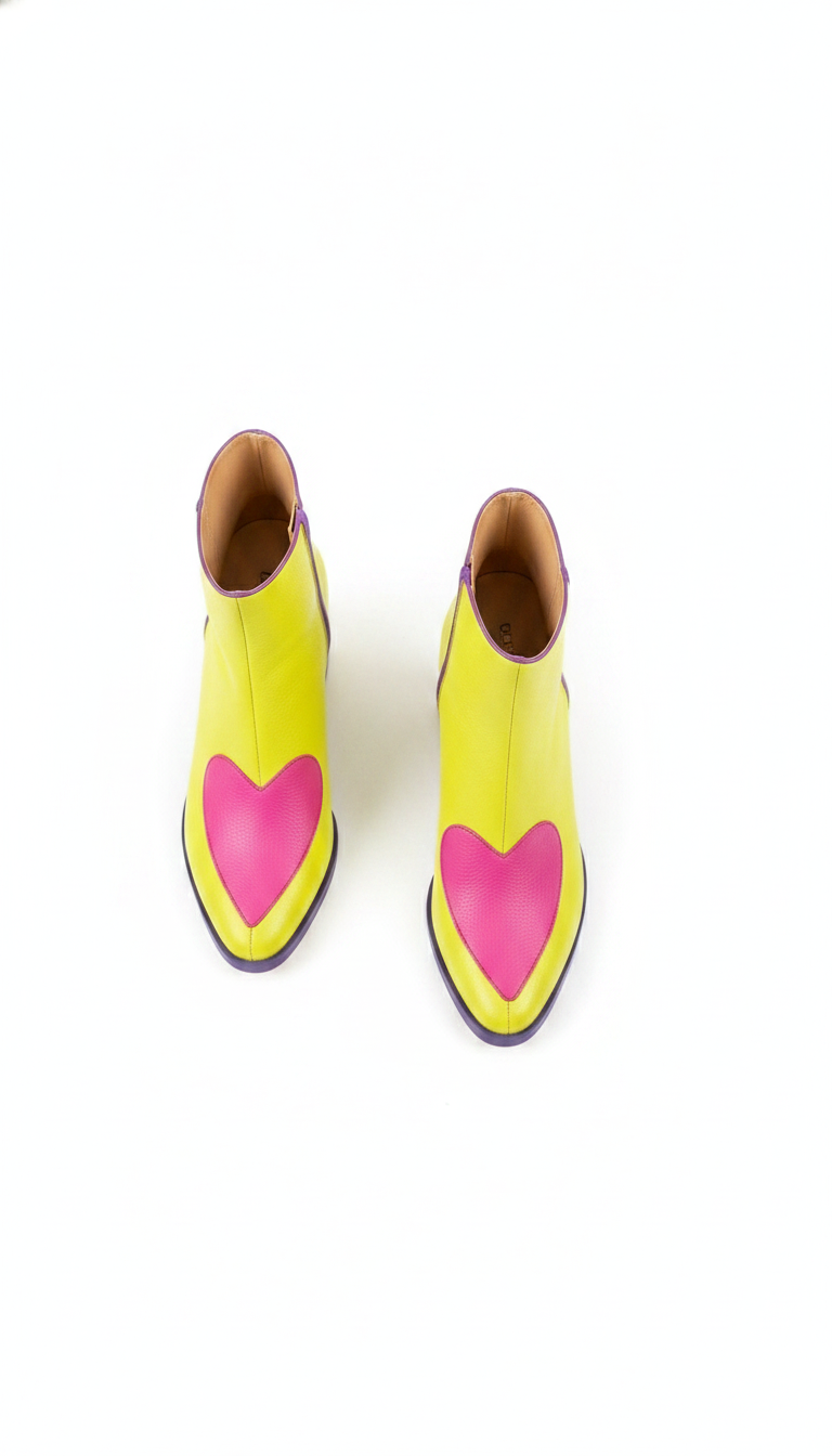 Pointed-Toe Heart Detail Block Heel Ankle Boots