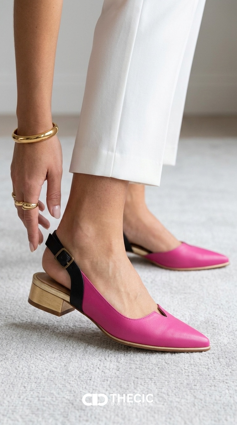 Pointed Toe Slingback Block Heel Flats