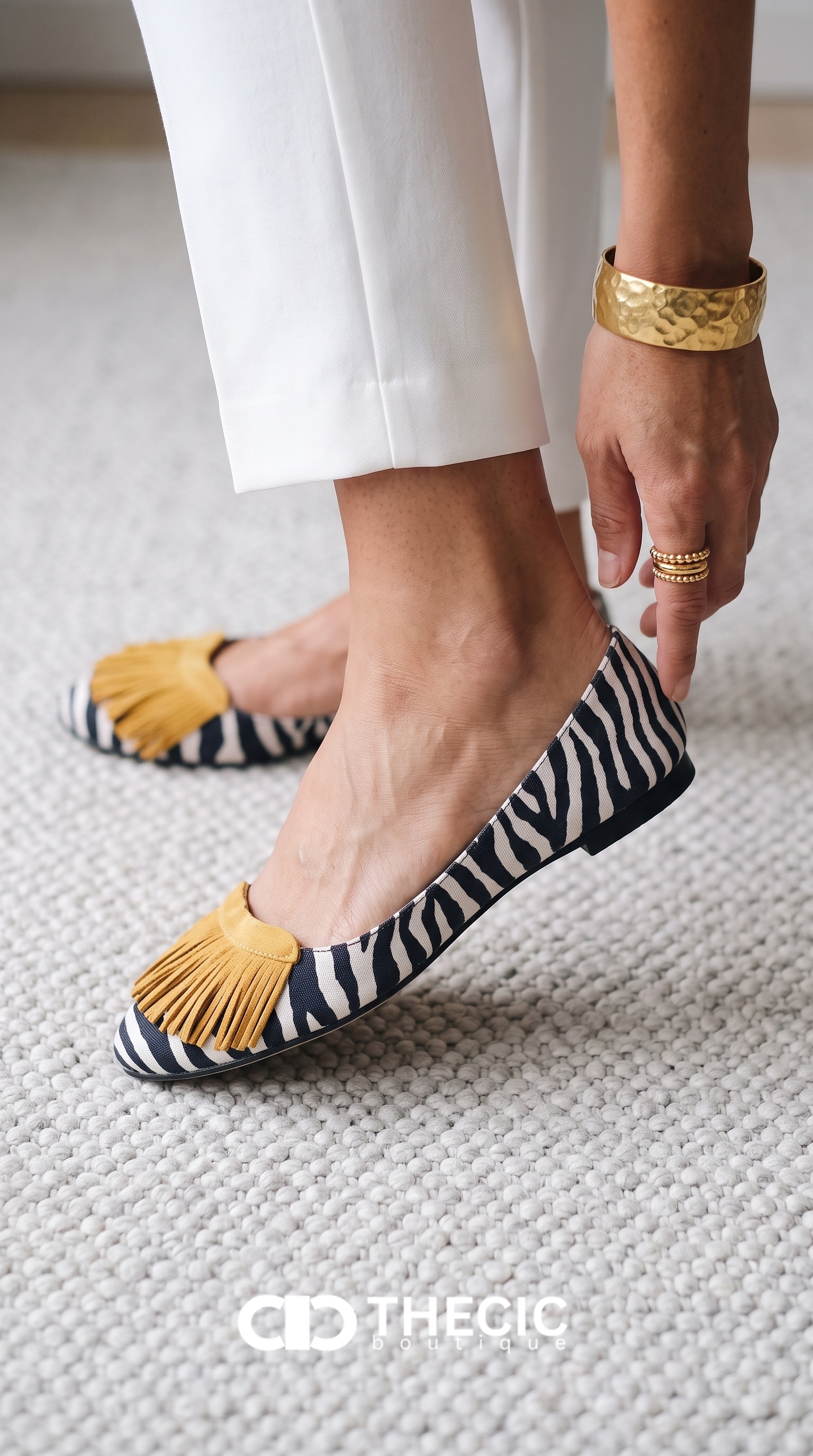 Pointed-Toe Suede Fringe Zebra Print Ballet Flats