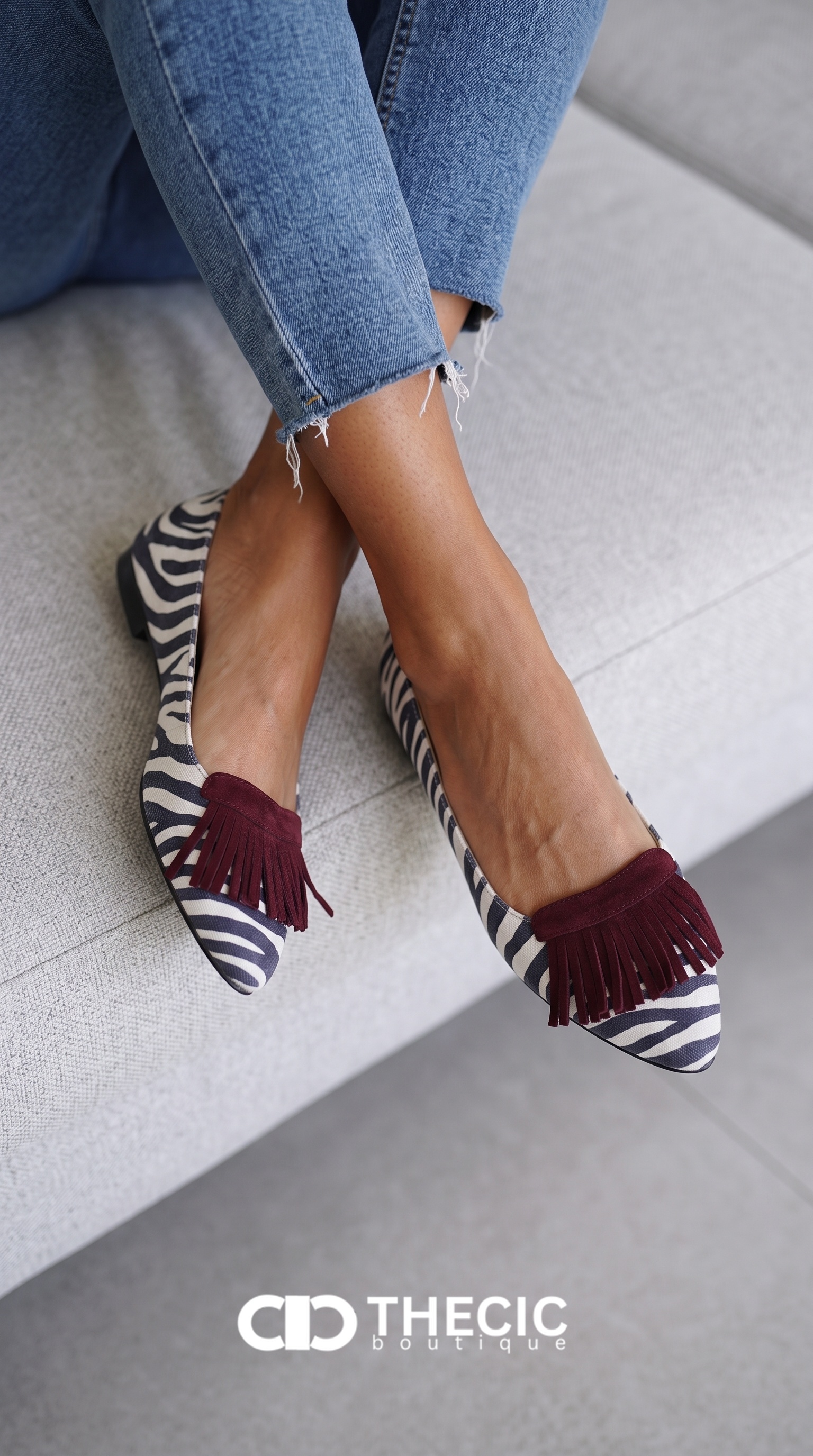 Pointed-Toe Suede Fringe Zebra Print Ballet Flats