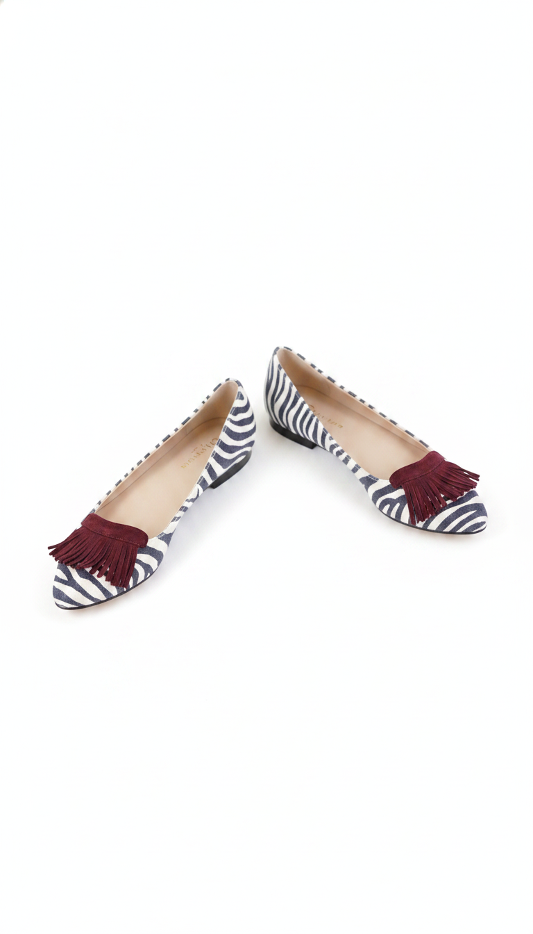 Pointed-Toe Suede Fringe Zebra Print Ballet Flats