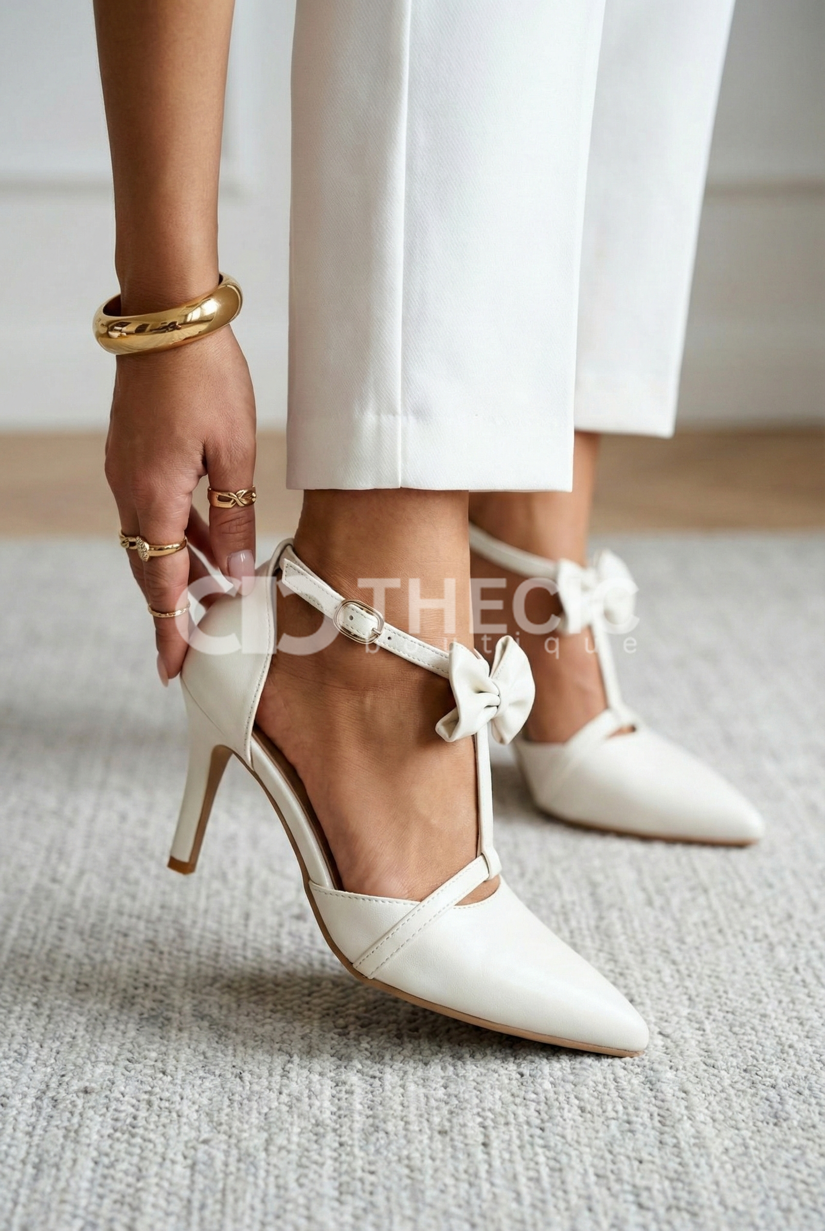 Pointed-Toe T-Strap Bow Detail High Heels
