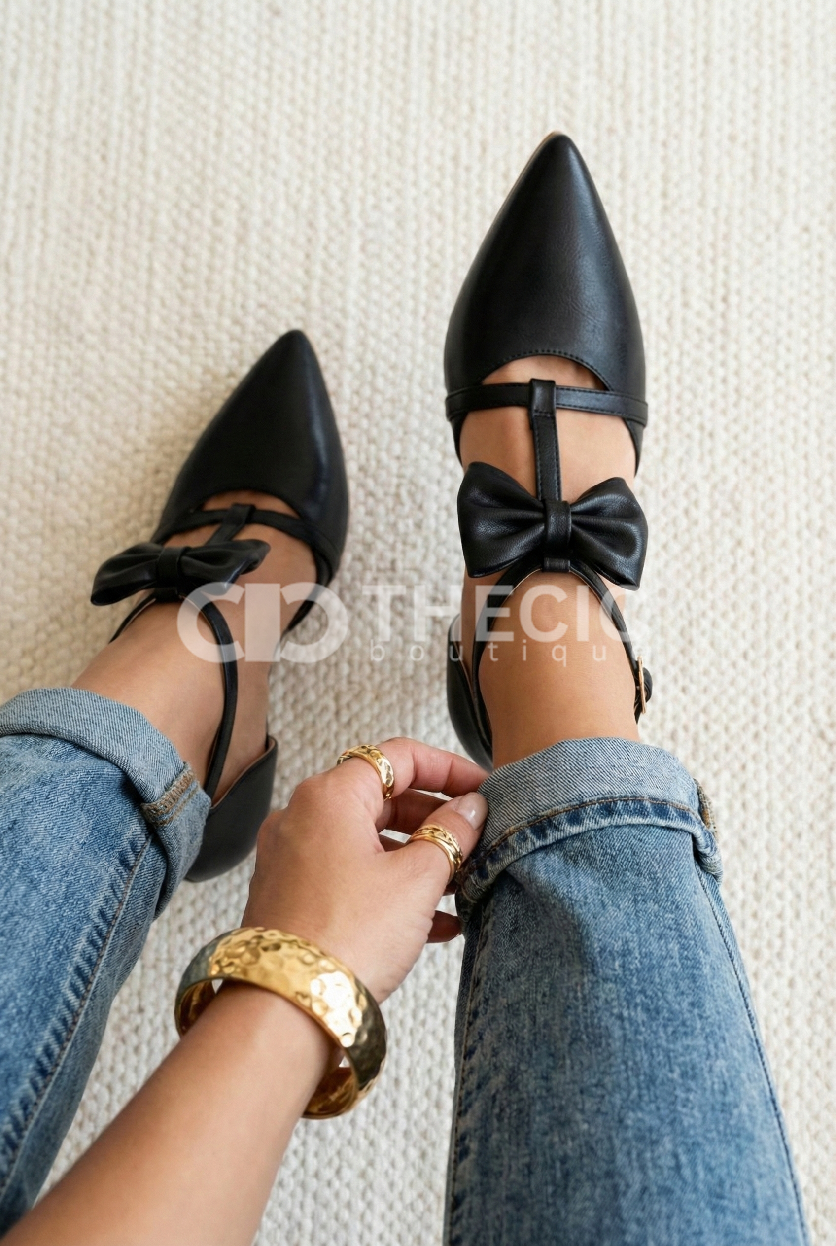 Pointed-Toe T-Strap Bow Detail High Heels