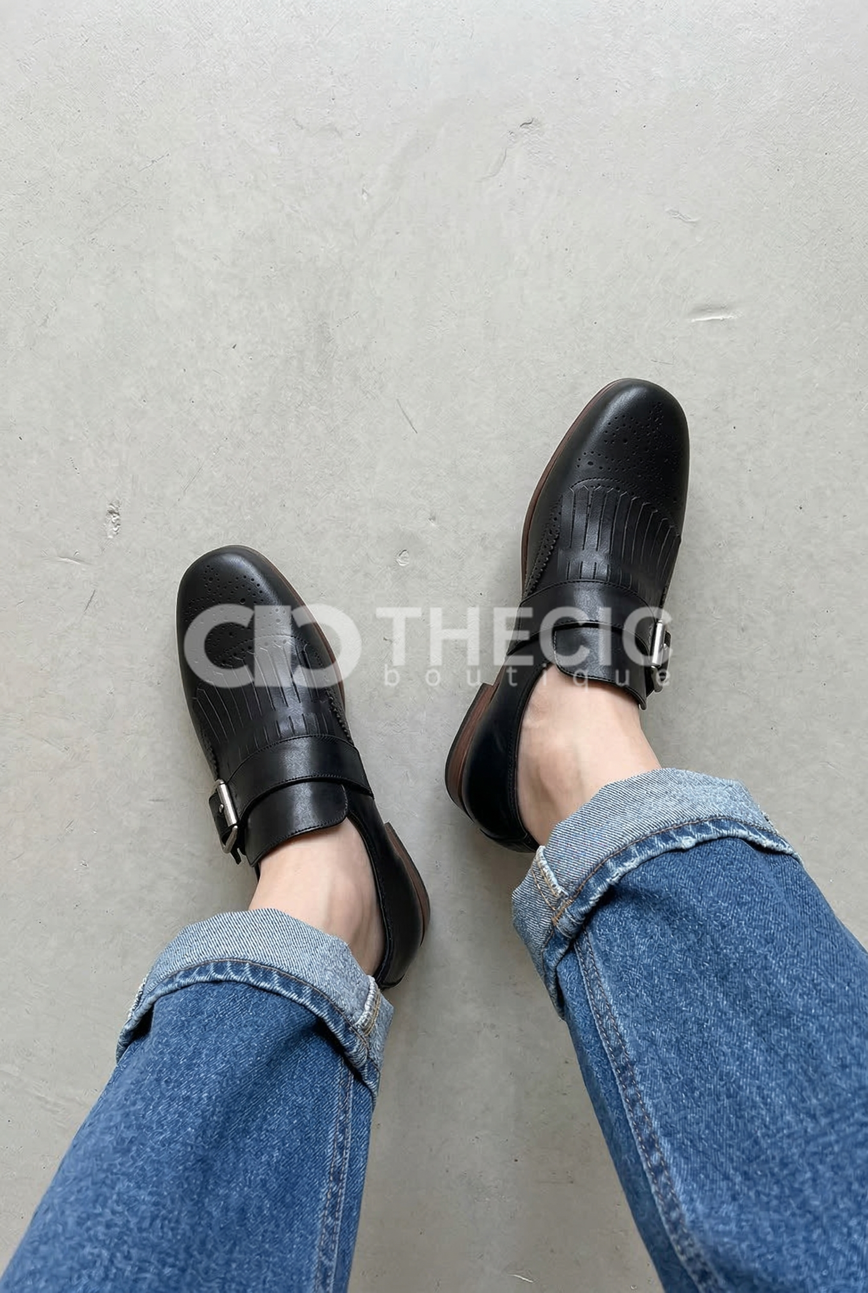 Polished Leather Fringe Brogue Monk Strap Loafers