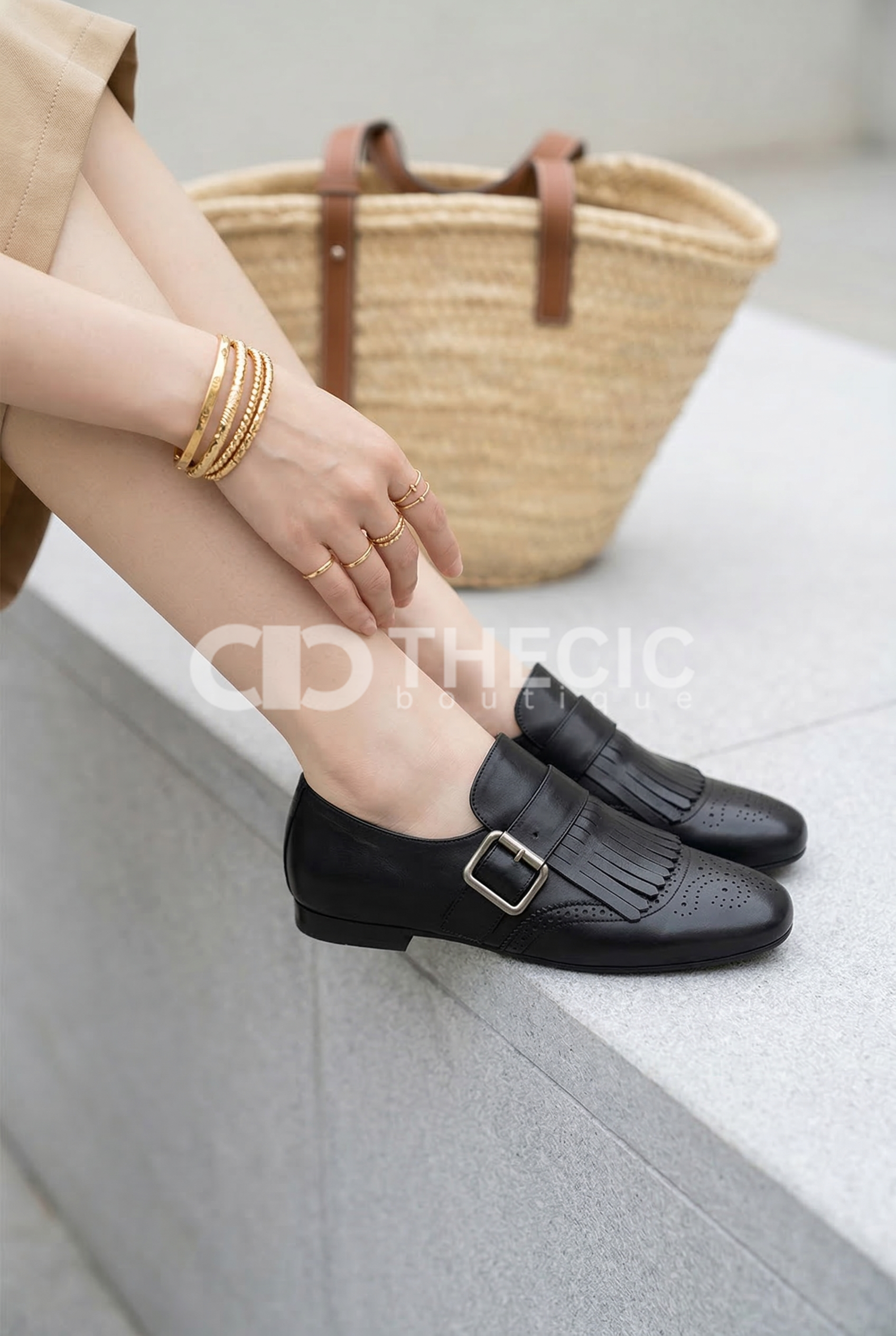 Polished Leather Fringe Brogue Monk Strap Loafers