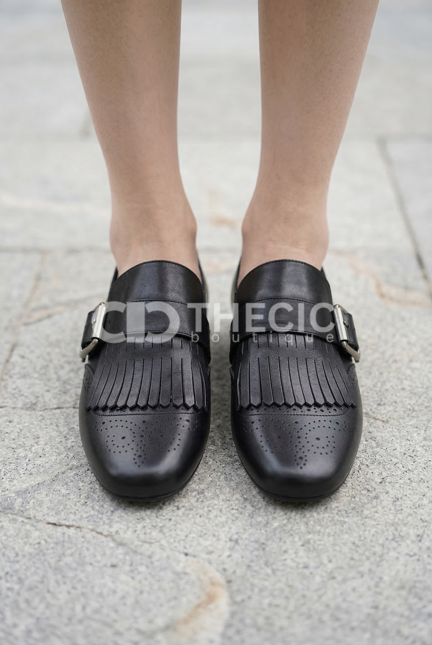 Polished Leather Fringe Brogue Monk Strap Loafers
