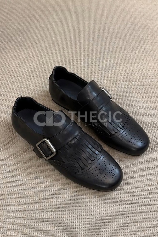 Polished Leather Fringe Brogue Monk Strap Loafers