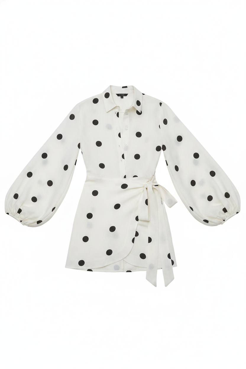 Polka Dot Balloon Sleeve Wrap Mini Dress