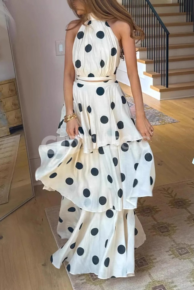 Polka Dot Halter Crop Top Tiered Maxi Skirt Set