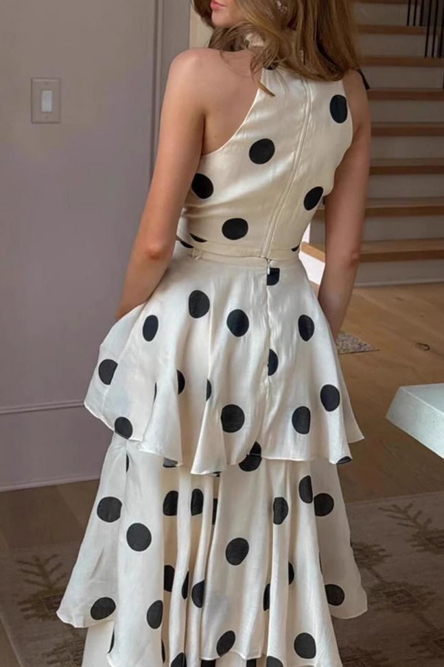 Polka Dot Halter Crop Top Tiered Maxi Skirt Set