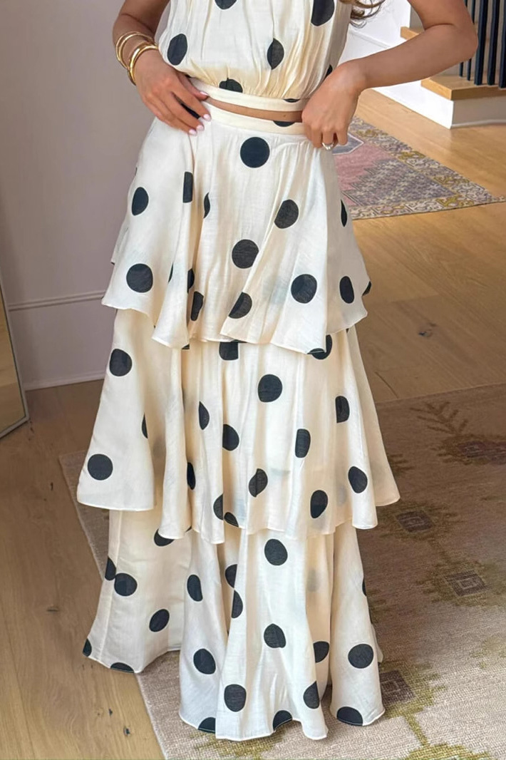Polka Dot Halter Crop Top Tiered Maxi Skirt Set