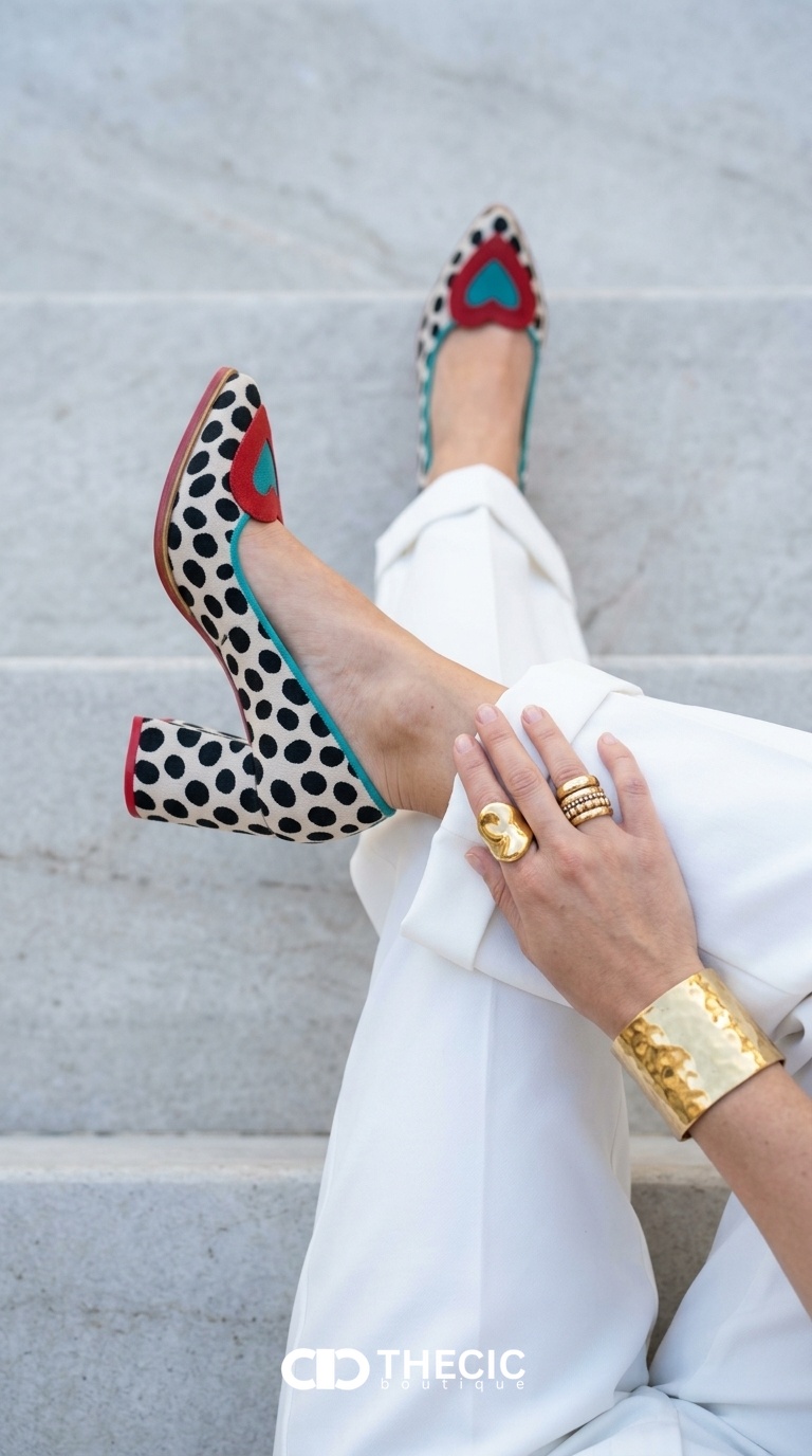 Polka Dot Heart Appliqué Pointed-Toe Block Heel Pumps