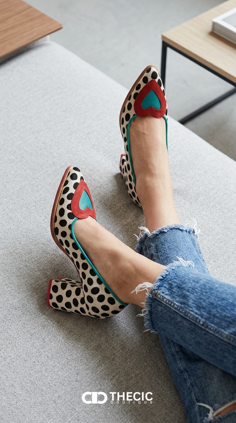 Star Print Pumps | Pink Pointed-Toe Block Heel Pumps with Heart