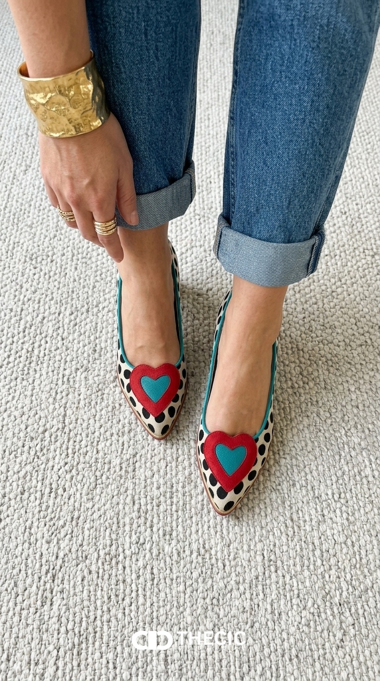 Polka Dot Heart Appliqué Pointed-Toe Block Heel Pumps