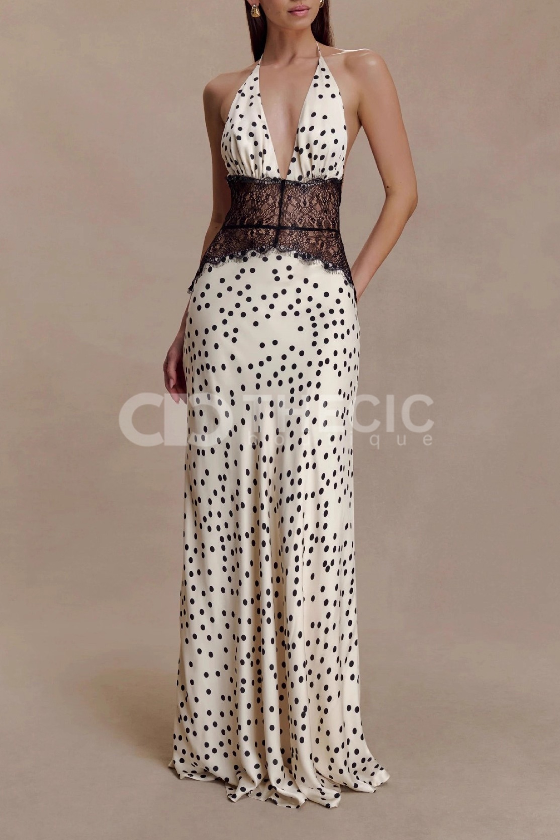 Polka Dot Lace Halter Neck Backless Maxi Dress