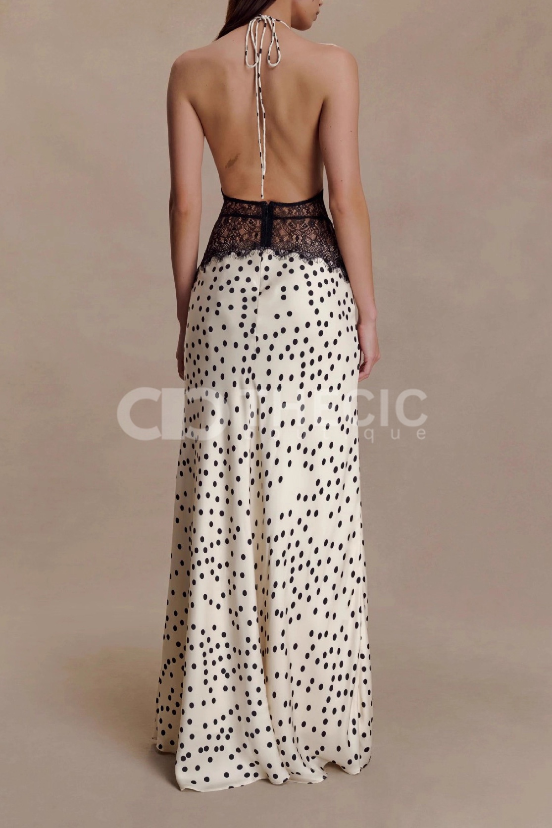 Polka Dot Lace Halter Neck Backless Maxi Dress