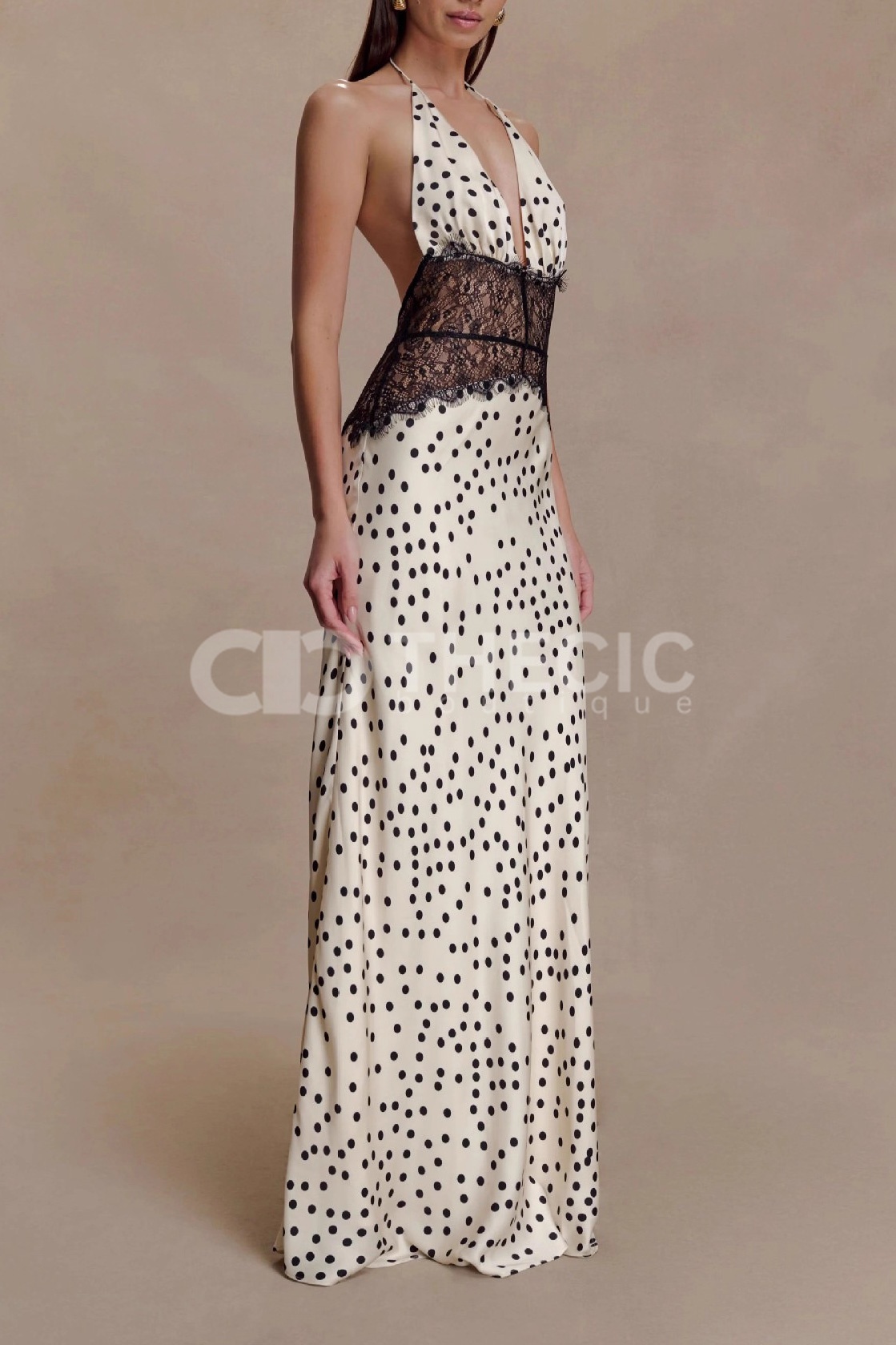 Polka Dot Lace Halter Neck Backless Maxi Dress