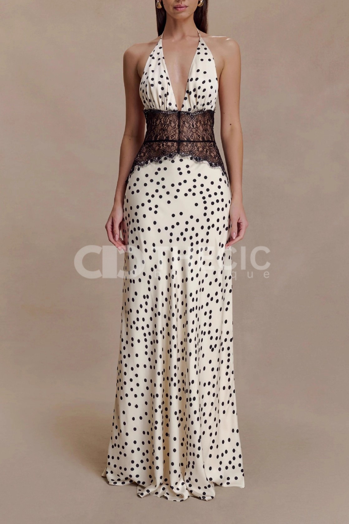 Polka Dot Lace Halter Neck Backless Maxi Dress