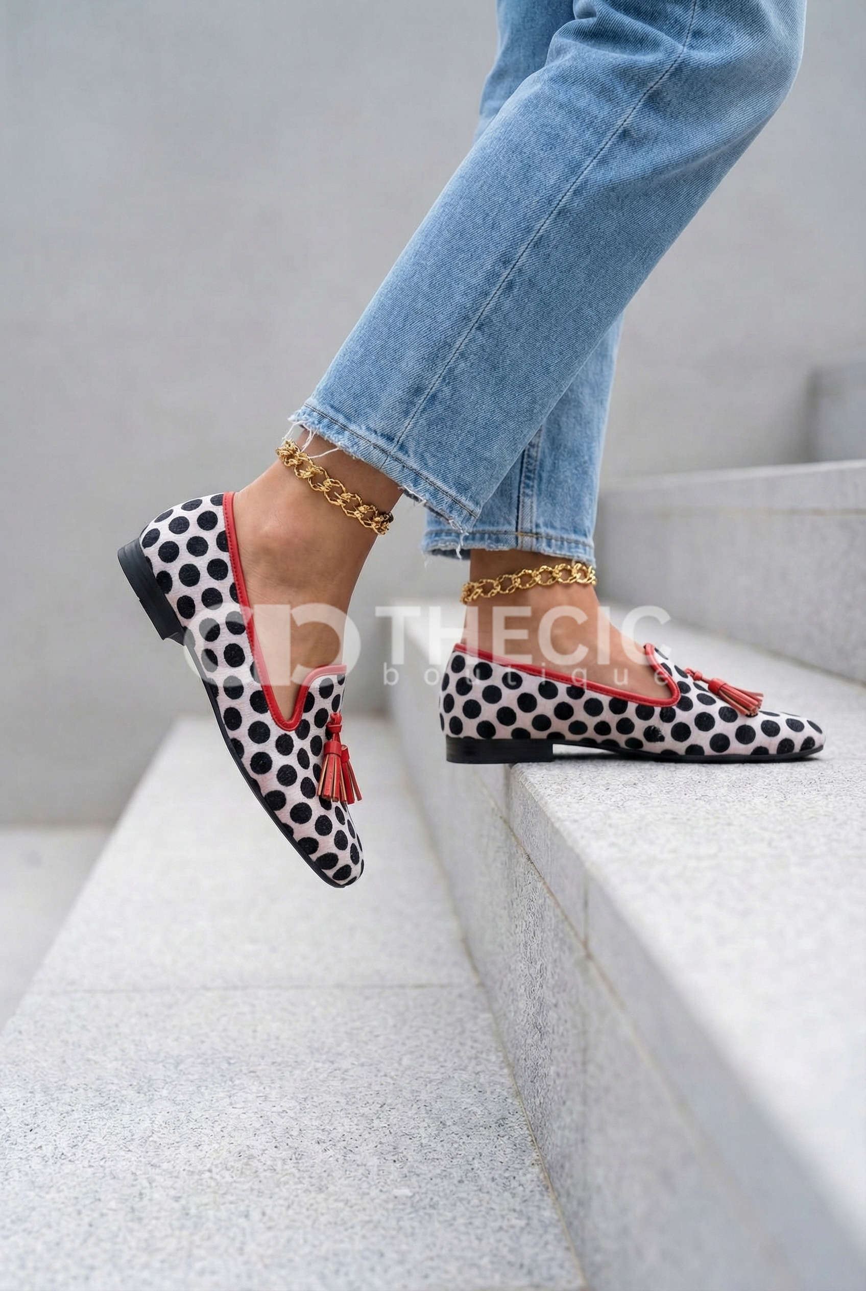 Polka Dot Tassel Trim Loafer Flats