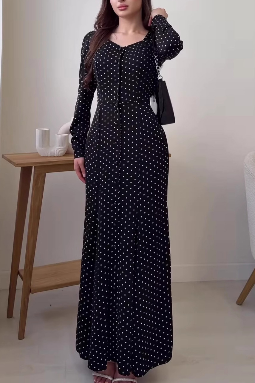 Polka Dot V-Neck Long Sleeve Maxi Dress
