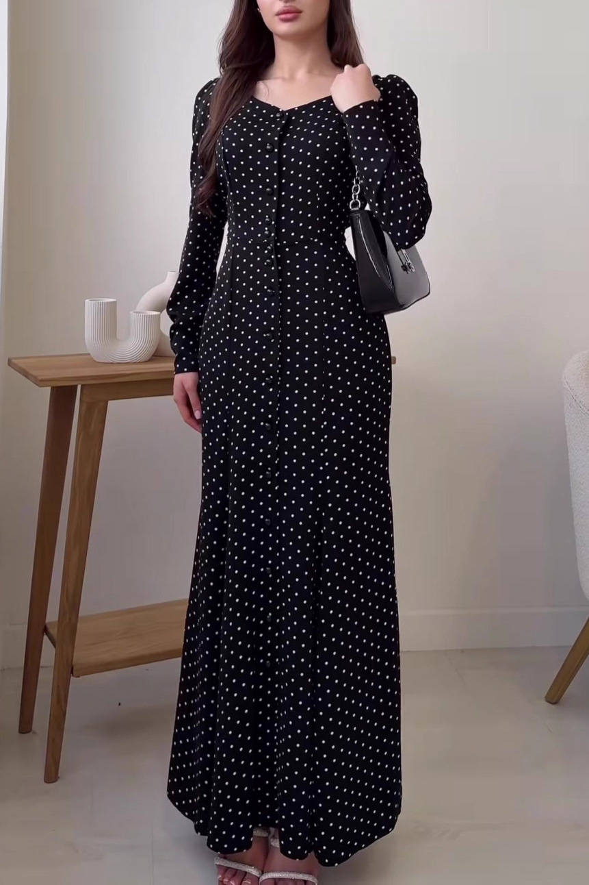 Polka Dot V-Neck Long Sleeve Maxi Dress