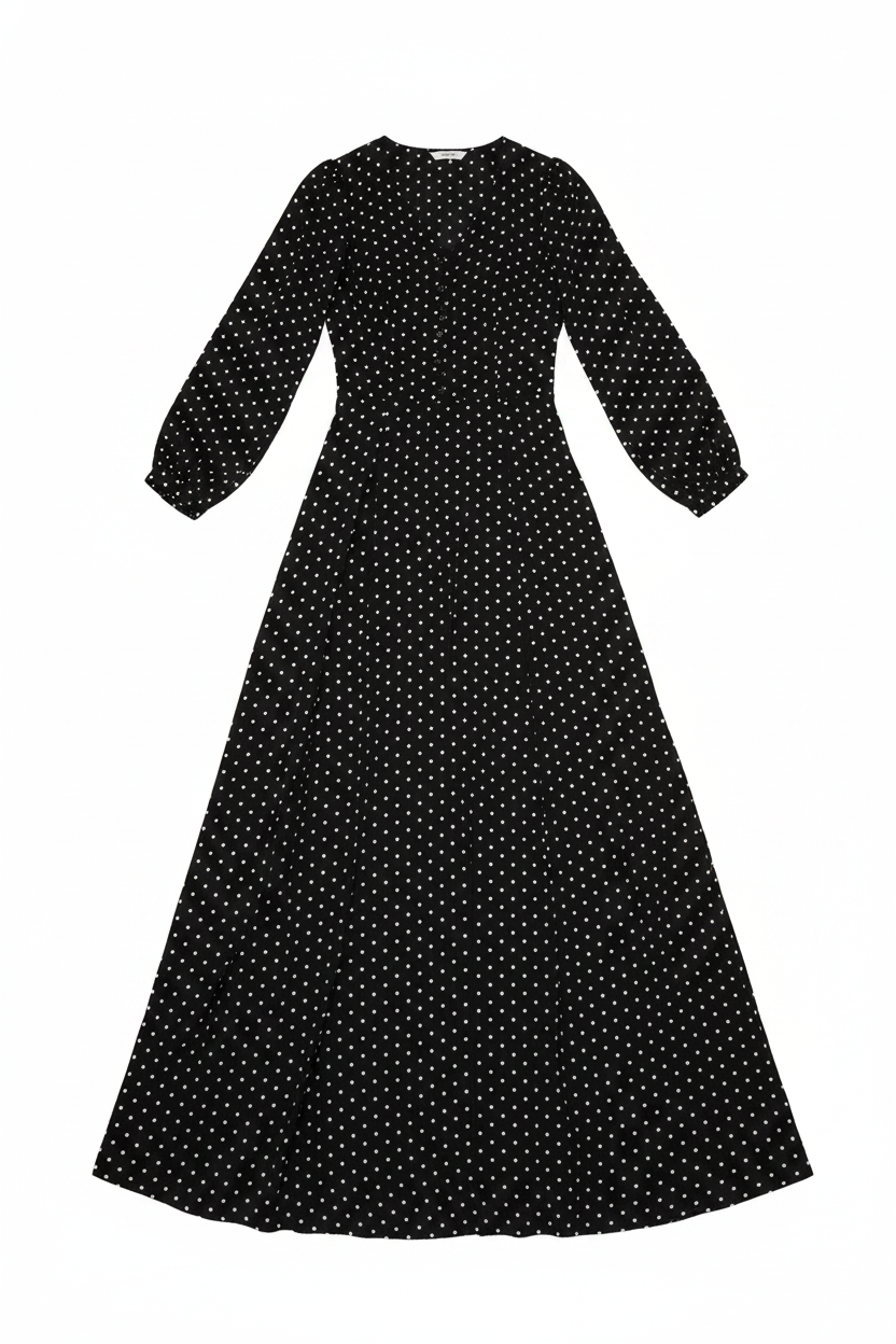 Polka Dot V-Neck Long Sleeve Maxi Dress