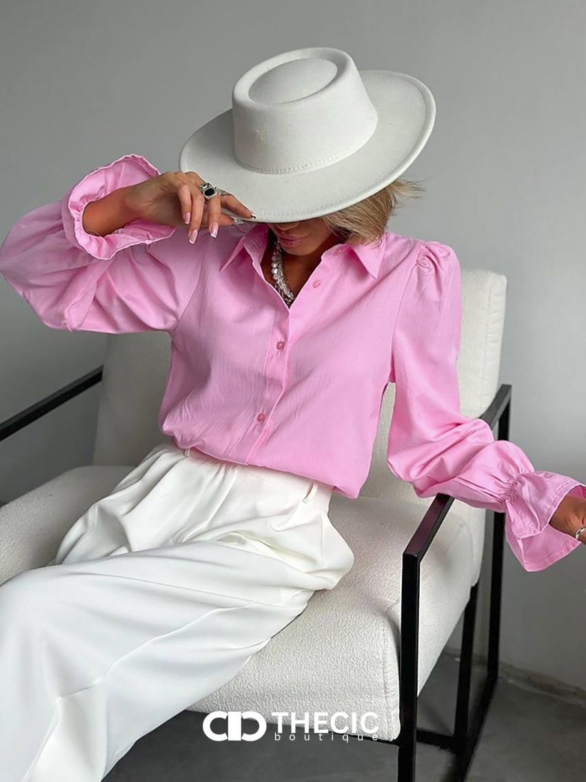 Puff Sleeve Ruffled Cuff Button-Up Blouse