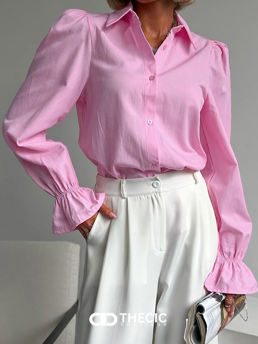Puff Sleeve Ruffled Cuff Button-Up Blouse