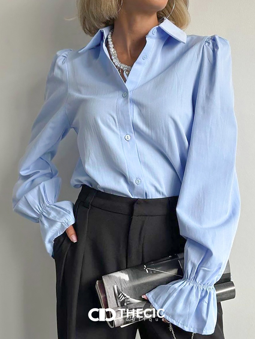 Puff Sleeve Ruffled Cuff Button-Up Blouse