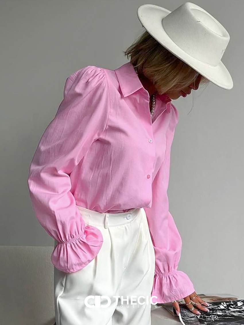 Puff Sleeve Ruffled Cuff Button-Up Blouse